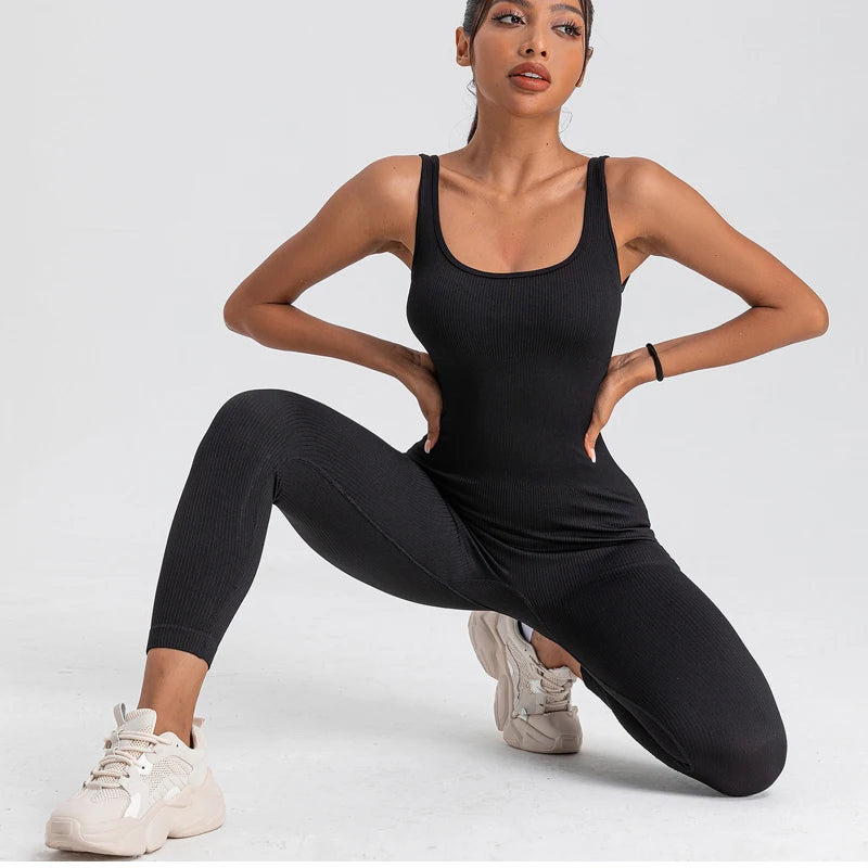 Women Ribbed Yoga Jumpsuits Workout Ribbed Long Sleeve